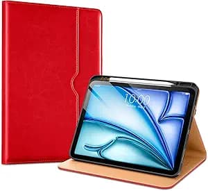 VIKESI Case for iPad Air 13 inch (M4) 2026 / (M3) 2025 / (M2) 2024,Premium Leather Folio,Apple Pencil Holder,Auto Sleep/Wake,Stand Cover - Bright Red